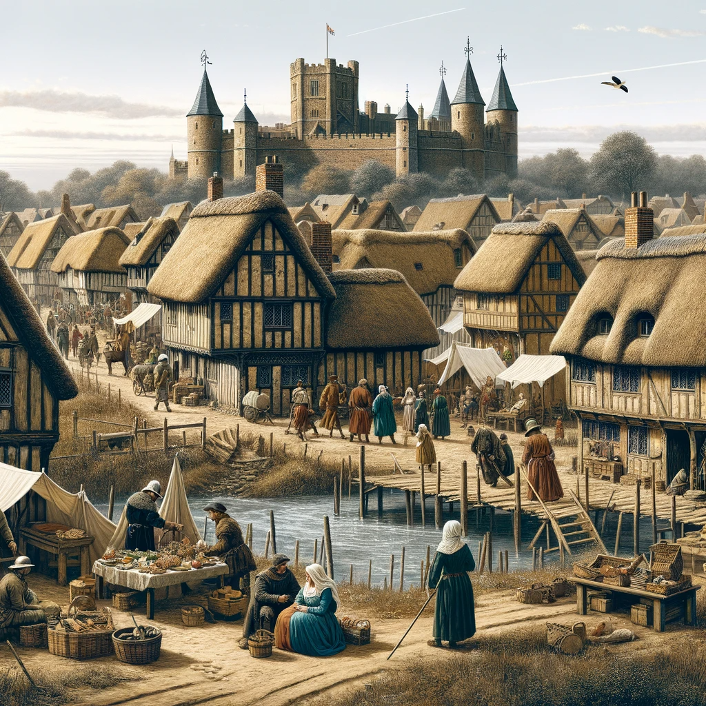 Illustration of a medieval village in Leicester with thatched-roof cottages, a bustling marketplace, Leicester Castle in the background, and the River Soar with wooden bridges.