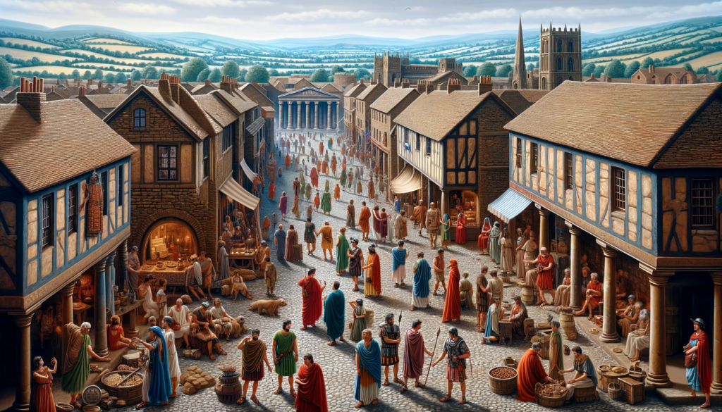 A bustling Roman street scene in ancient Leicester, showcasing Roman architecture, citizens, soldiers, and traders.