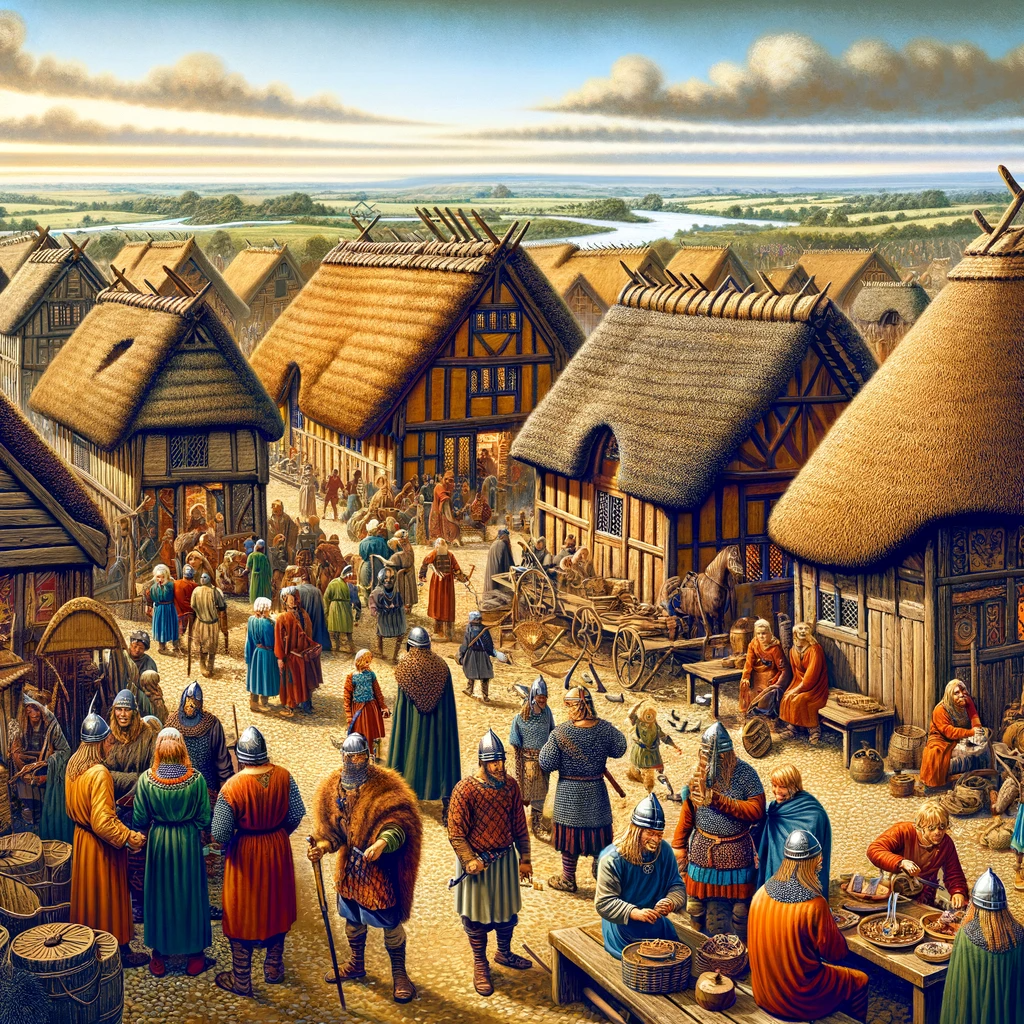A bustling settlement in Leicester during the Viking Age, featuring wooden and thatched buildings, with Vikings and Anglo-Saxons engaged in trading and daily activities.