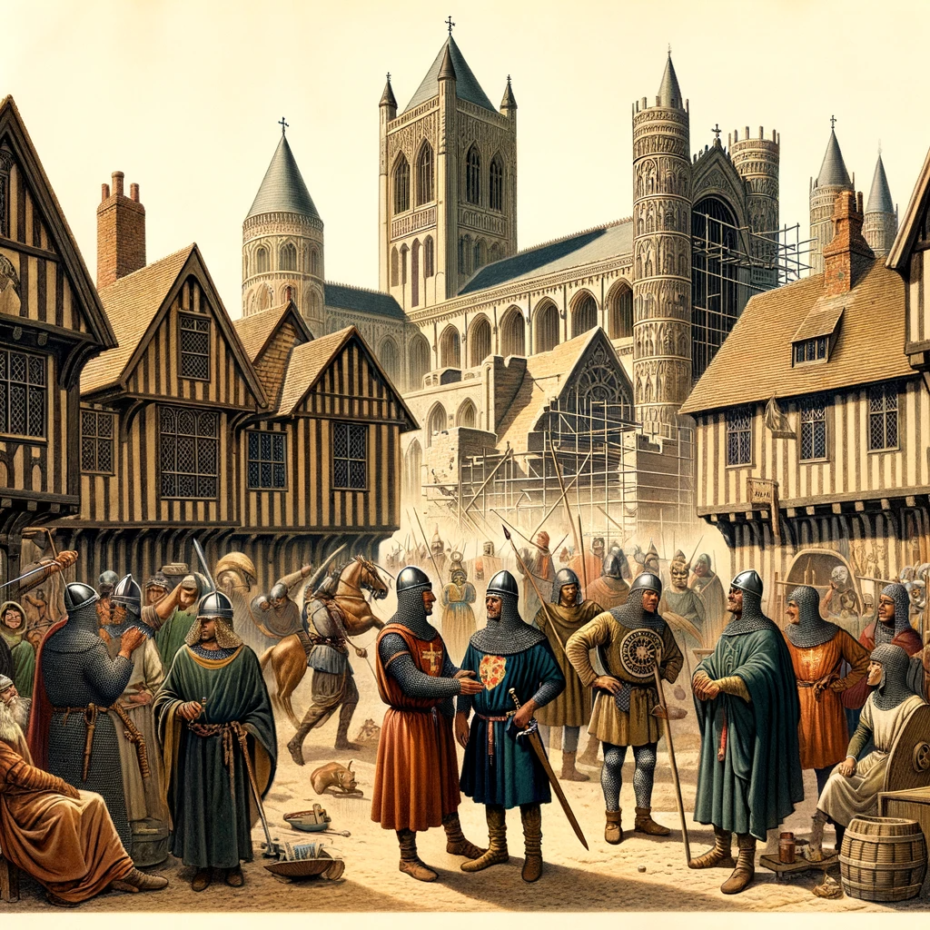 Medieval Leicester during the Norman Conquest, showing Norman soldiers interacting with Anglo-Saxon residents and the construction of a Norman-style castle.