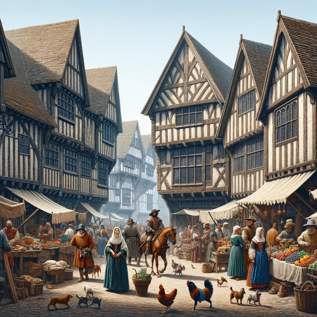 A medieval street scene in Leicester with timber-framed houses, a bustling market, and people in period attire.