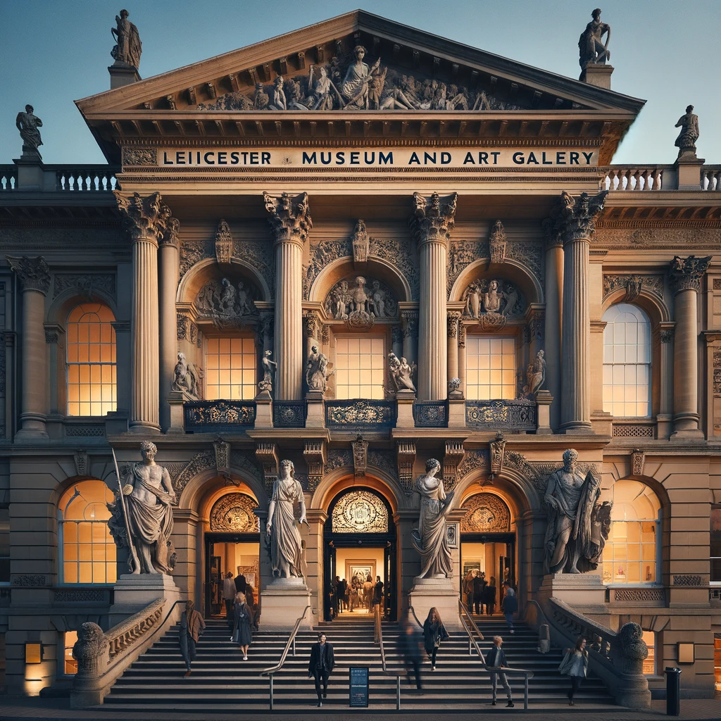 "Elegant entrance of Leicester Museum and Art Gallery with visitors at dusk."