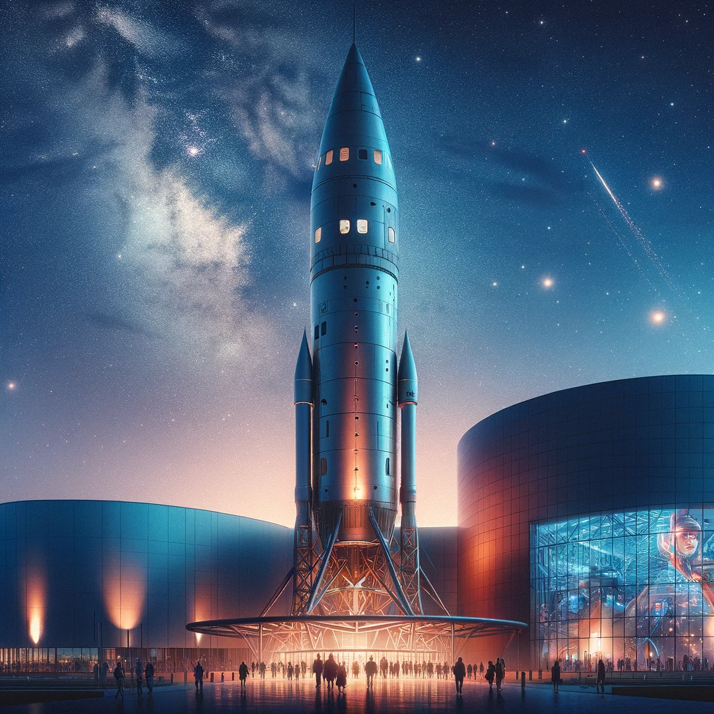 "Iconic Rocket Tower of the National Space Centre in Leicester illuminated at twilight with stars in the sky."