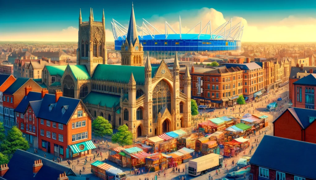 A vibrant view of Leicester City showcasing top attractions, including Leicester Cathedral, Curve Theatre, and Leicester Market.