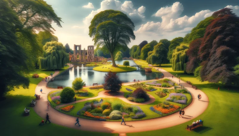 "A tranquil view of Abbey Park in Leicester featuring green lawns, flowerbeds, trees, a serene lake, and historic abbey ruins in the background."