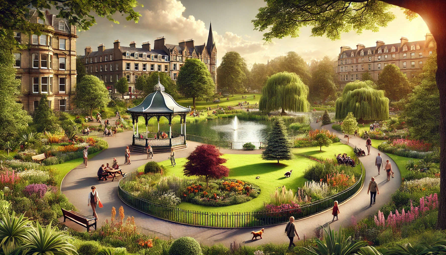 Victoria Park with lush green lawns, vibrant flower beds, a Victorian-style gazebo, and a serene pond. Historic buildings in the background.