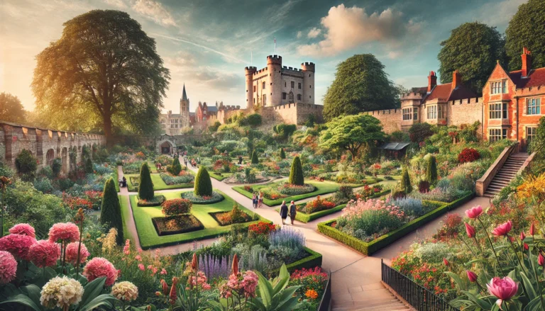"Castle Gardens in Leicester, featuring historical Leicester Castle with blooming flowers and lush greenery, amidst well-maintained pathways and vibrant flora."
